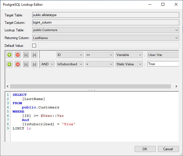 PostgreSQL Destination - Lookup